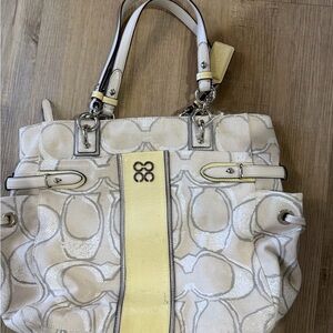 Coach Cream Signature Canvas Tote with Yellow Center Stripe